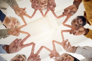 Peace, hands and business people in office for teamwork, collaboration and support low angle. V, st.